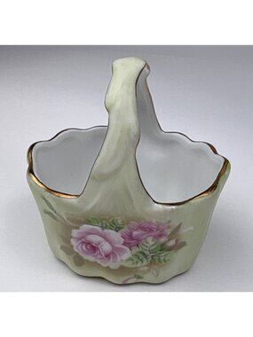 Lefton Heritage Green Rose Pattern Mini Porcelain Basket Handle Gold Trim Japan